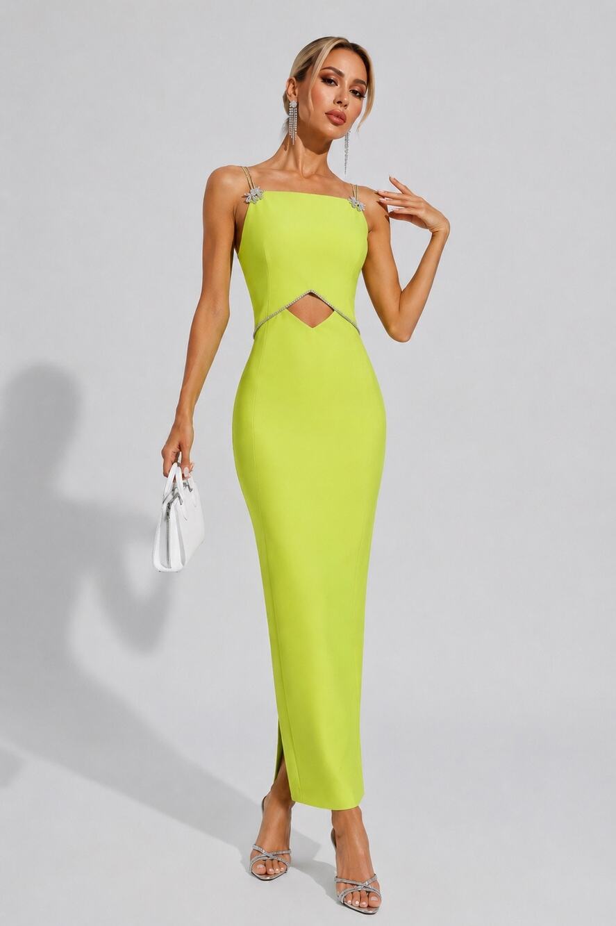Vintage Y2K Jovani Chartreuse Lime Crepe Cutout Rhinestone Maxi Gown 8 MSRP $500